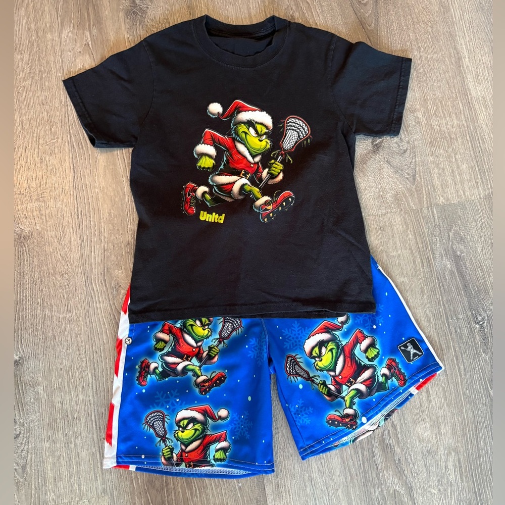 Lacrosse Unlimited “Laxmas grinch” shorts and shirt youth small